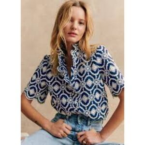 Sézane Navy Cream Medallion Embroidered Top Size 34 (US XS)